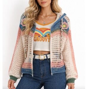 Mello Womens Crochet Knit Zip Up Hoodie Sweater Cream Blue Pink Floral S